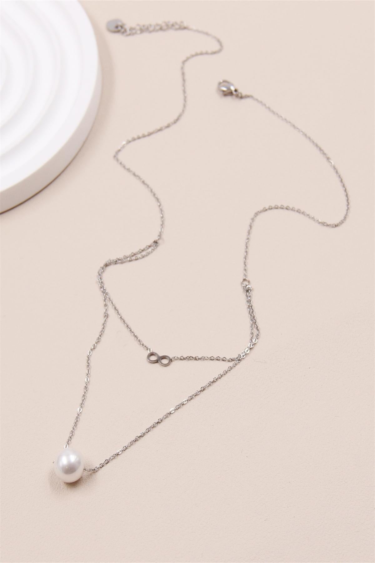 COLLIER INFINI PERLE ET ACIER ARGENT